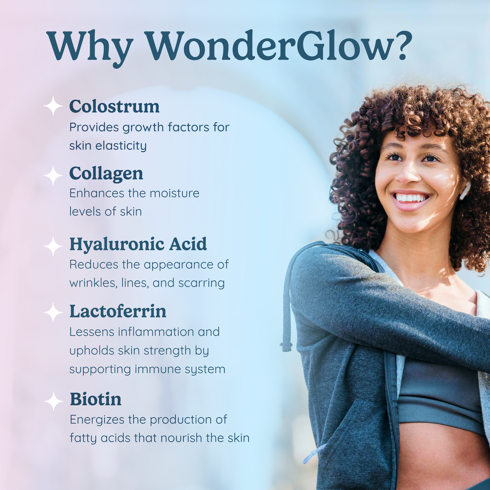Contains Colostrum, Collagen, Hyaluronic Acid, Lactoferrin, Biotin.